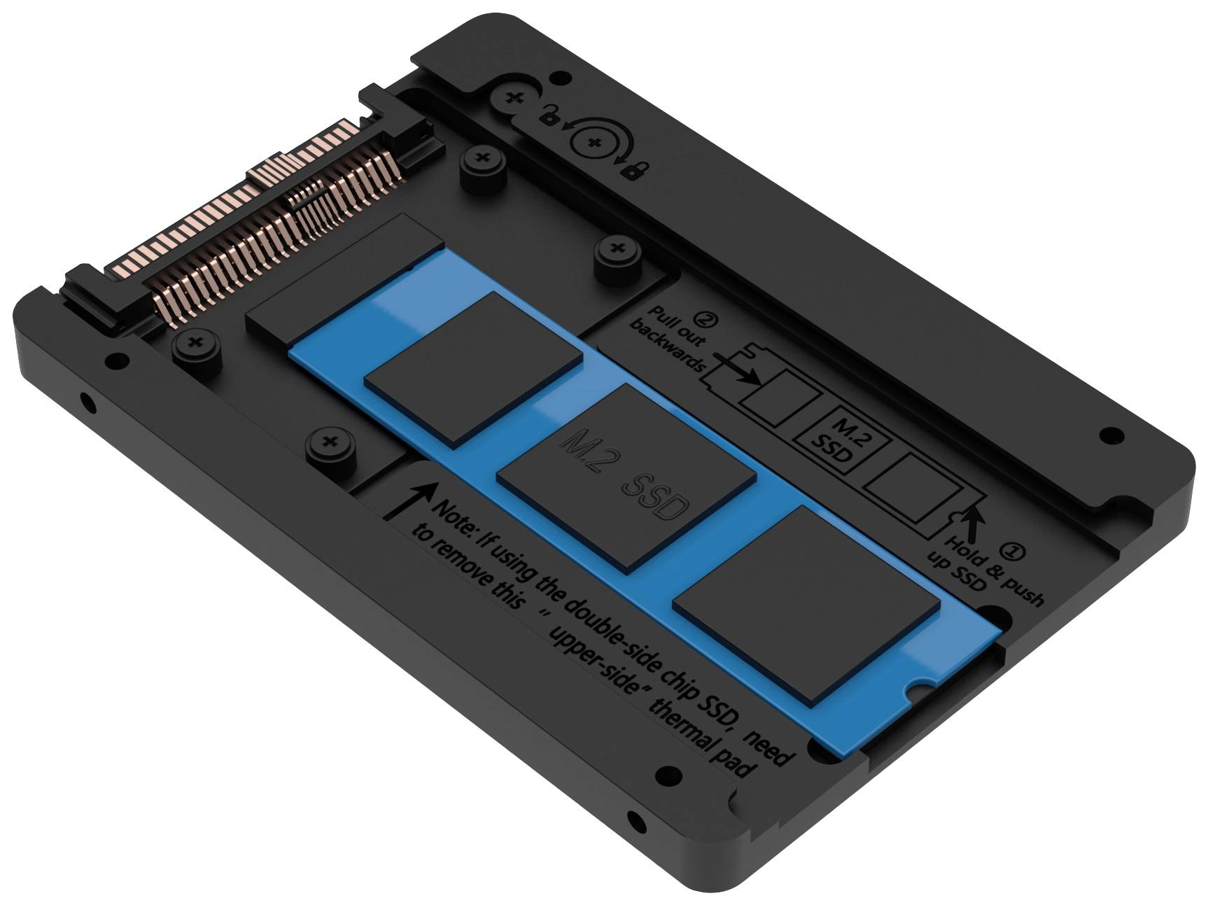 SSD-Adapter für M.2-Laufwerke, dargestellt in einer Explosionsdarstellung. Zeigt Installationsanweisungen und Position der SSD.