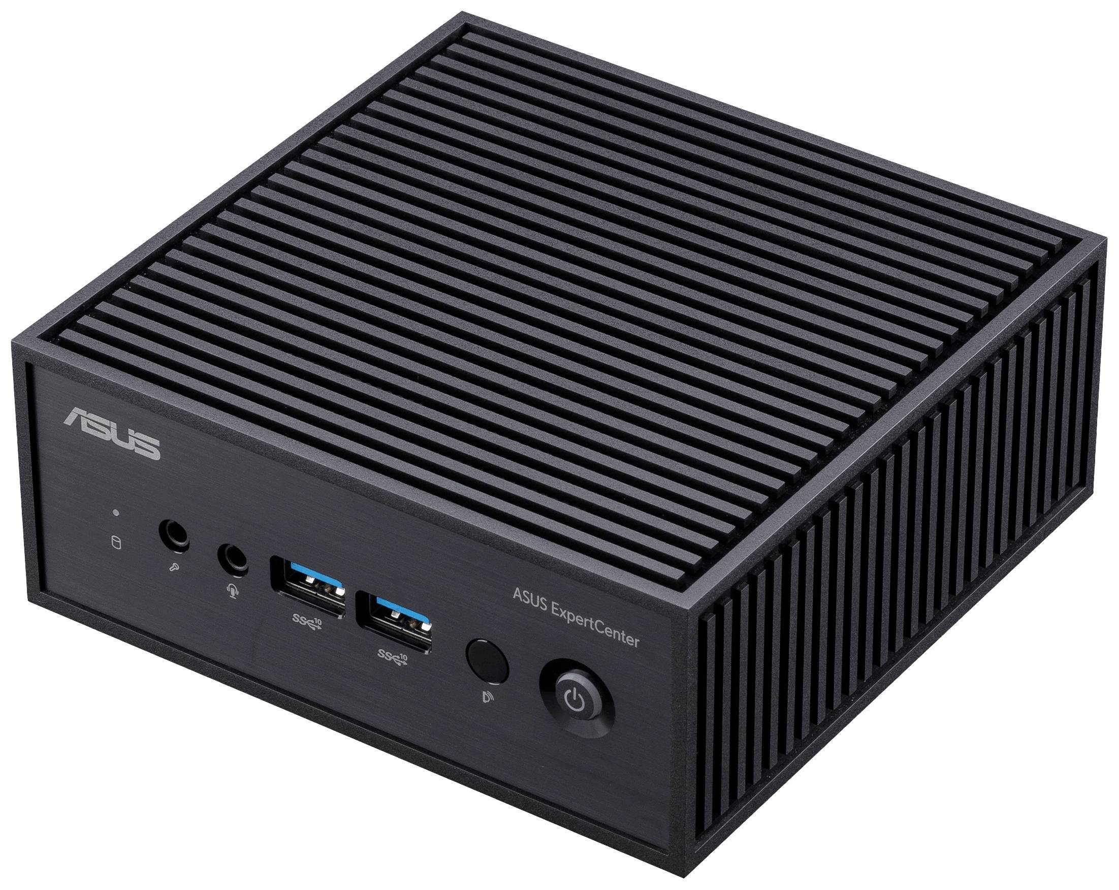 Kleiner, schwarz-grauer ASUS Mini-PC mit gerillter Oberfläche, zwei USB-Anschlüssen, Kopfhöreranschluss und Power-Taste an der Vorderseite.