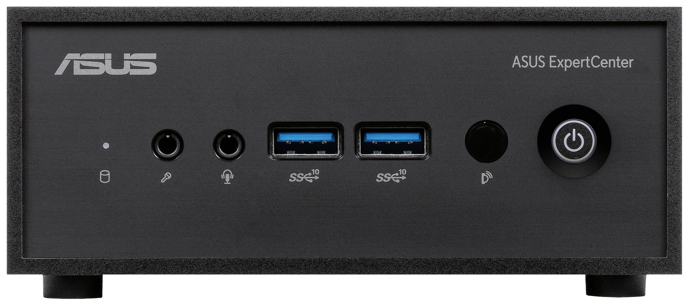 Ein schwarzer ASUS ExpertCenter Mini-PC mit mehreren Anschlüssen an der Vorderseite, darunter USB-Anschlüsse und ein Netzschalter.