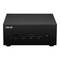 Ein schwarzer Mini-PC von ASUS mit mehreren USB-Anschlüssen an der Vorderseite. Der Ein-/Ausschalter befindet sich rechts.