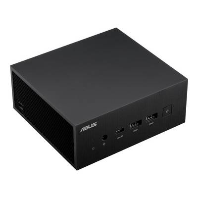 Ein schwarzer Mini-PC von Asus mit mehreren USB-Anschlüssen und Belüftungsschlitzen.
