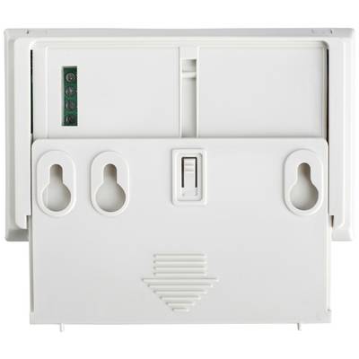 Rückansicht eines weißen Wandthermostats mit Befestigungslöchern, Schalter und Klemmen für elektrische Anschlüsse.