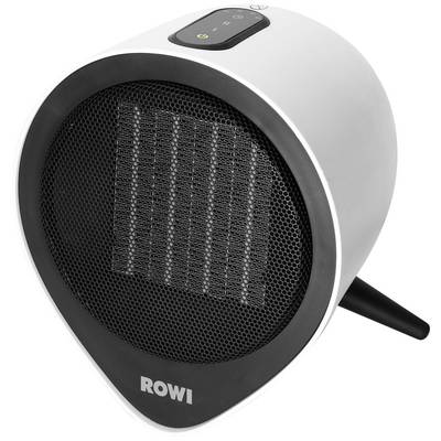 Ein kleiner, weißer Heizlüfter mit schwarzem Gitter vorne und Bedienelementen oben, geeignet für den Innenbereich. Markenname 'ROWI'.