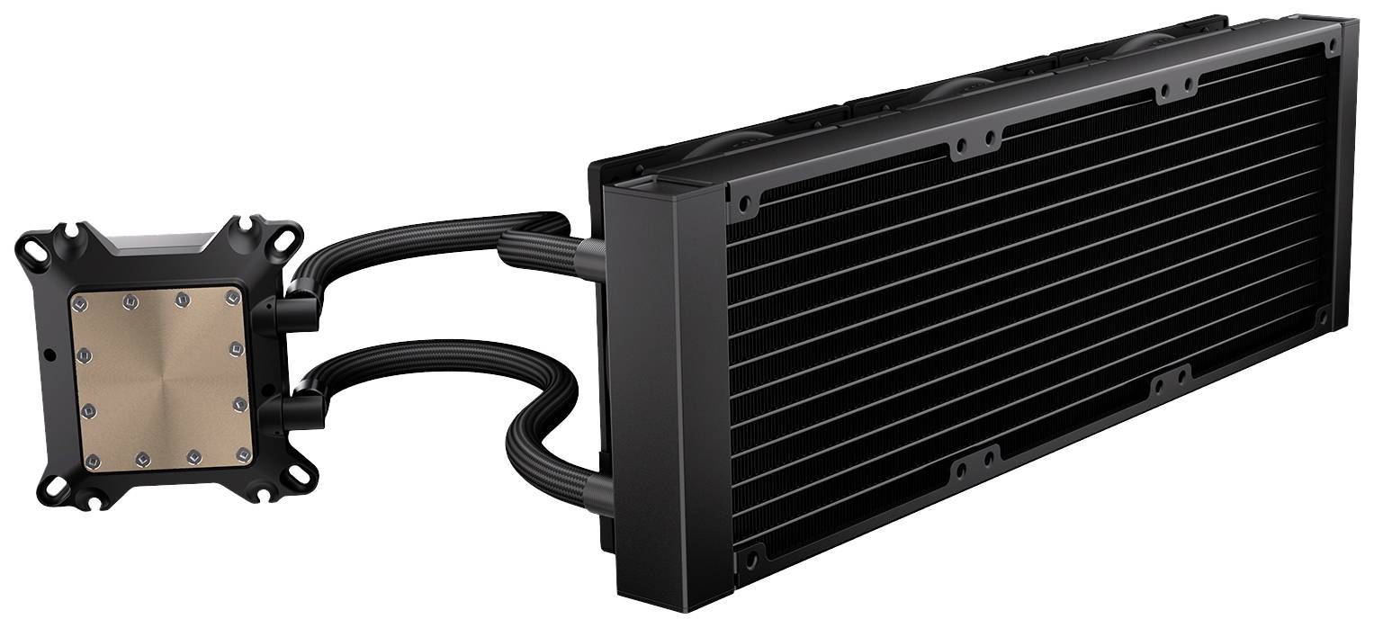 Ein schwarzes CPU-Wasserkühlungssystem mit Kühlblock und Radiator, verbunden durch Schläuche. Geeignet zur Kühlung von Computerprozessoren.