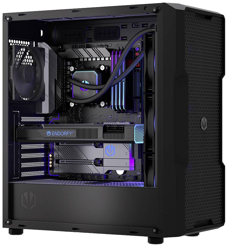 Gaming-Computergehäuse mit Sicht auf innenliegende Komponenten: Kühler, Grafikkarte, RAM und LED-Beleuchtung.