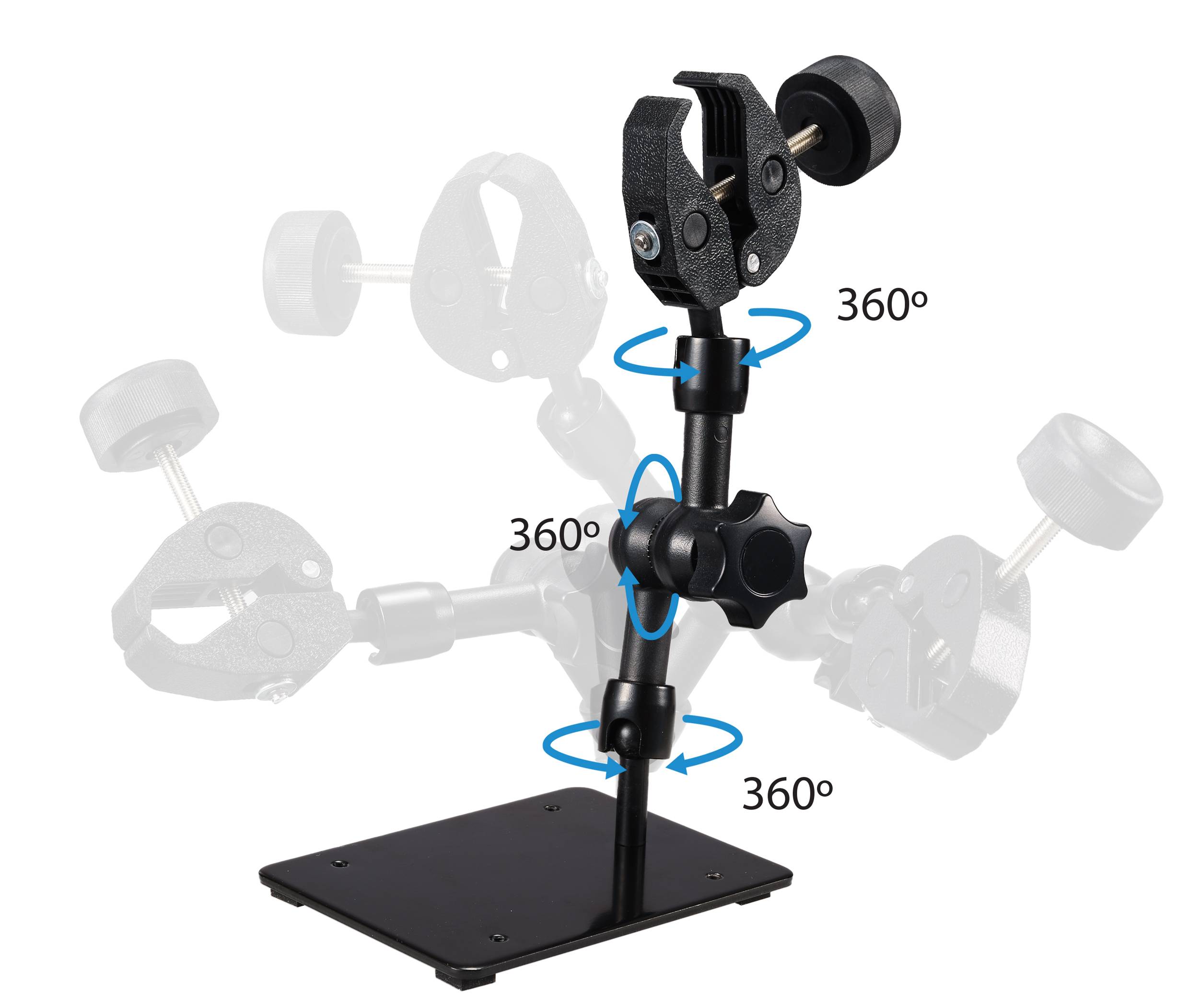 Ein verstellbarer Stativarm mit Klemme und Kugelgelenken zeigt 360-Grad-Drehmöglichkeiten für flexible Positionierung.