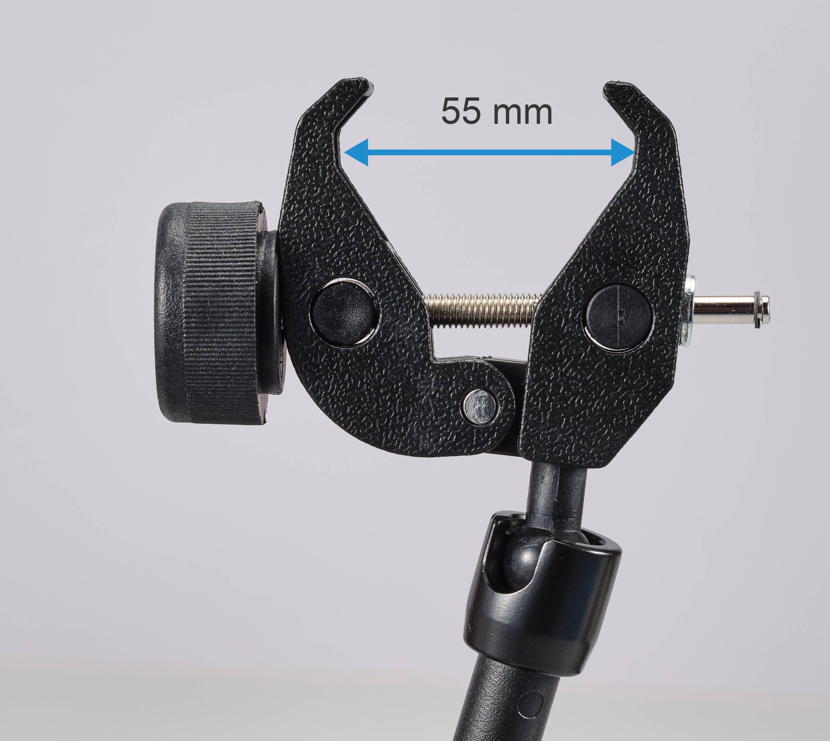 'Schraubzwinge mit einer Öffnung von 55 mm, geeignet zur Befestigung an runden oder flachen Oberflächen. Robustes Design mit Verstellschraube.'
