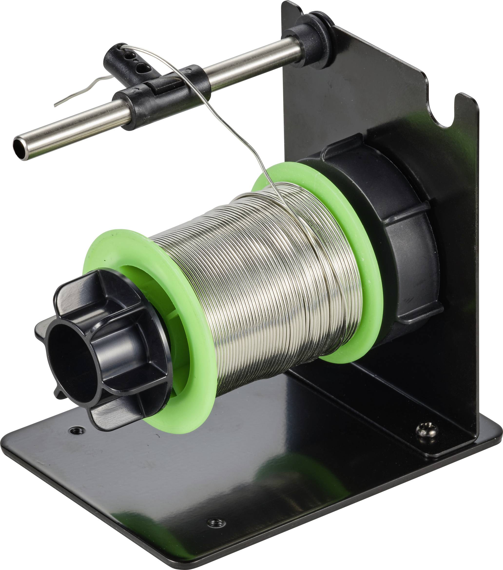 Eine Lötzinnrolle auf einem Ständer, bereit zur Verwendung, mit einem Metallarm zur Führung des Lötzinns. Geeignet zum Löten.