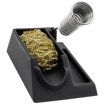 Ein Lötstation-Zubehör bestehend aus einem schwarzen Sockel mit integriertem goldfarbenem Reinigungsschwamm und einer Metallspulenhalterung.