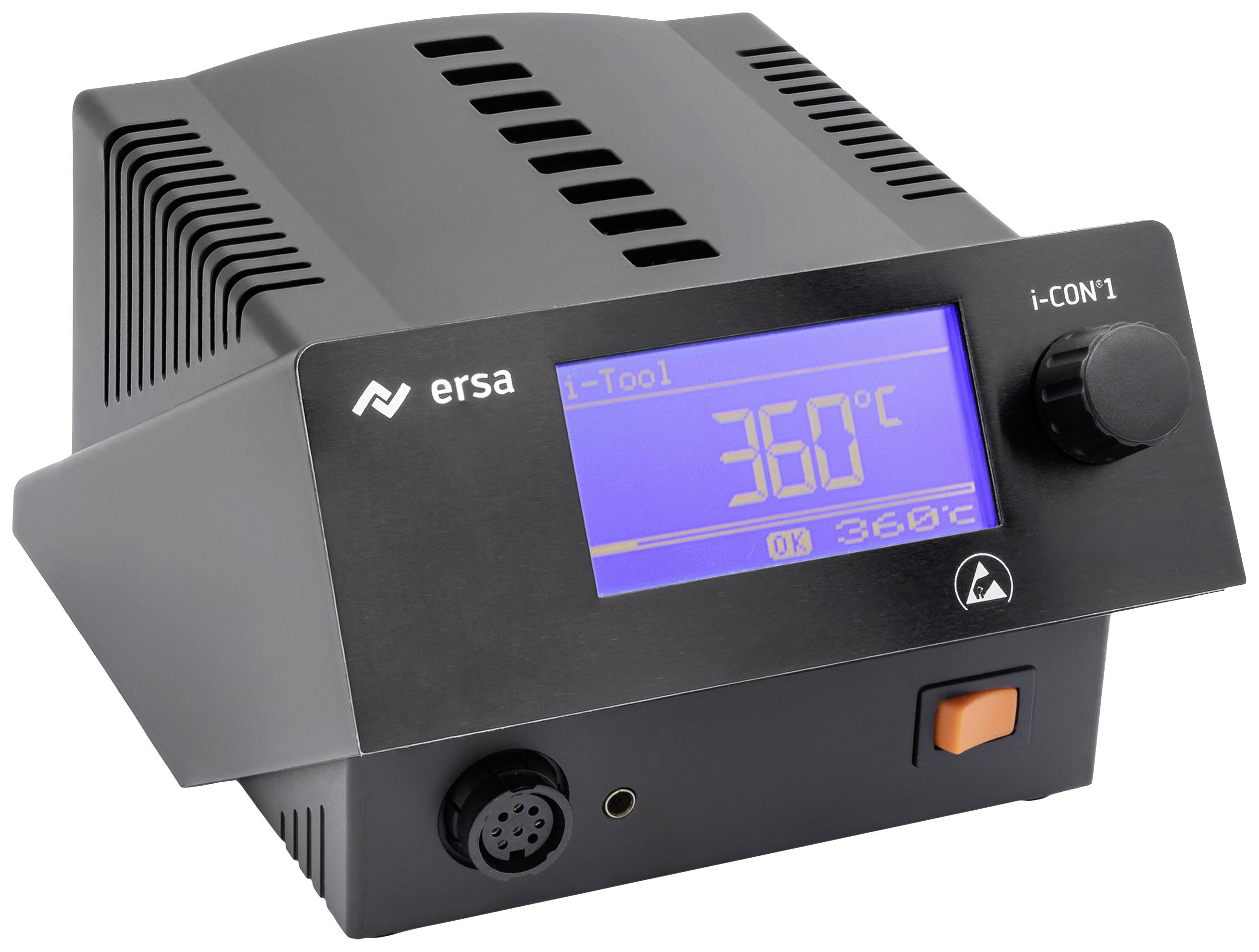 Ein Lötstation-Display zeigt '360°C' an. Links daneben ist eine Lüftung und rechts ein Drehknopf zur Temperatureinstellung.