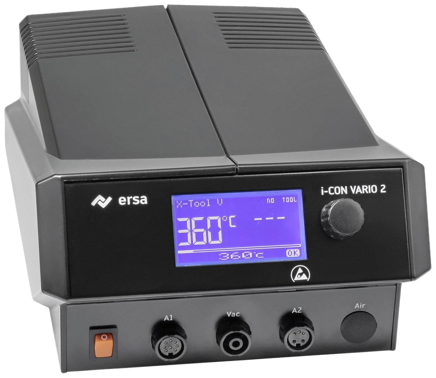 Das Bild zeigt eine schwarze Lötstation 'i-CON VARIO 2' von Ersa mit digitalem Display, das '360°C' anzeigt. Es hat drei Anschlüsse.