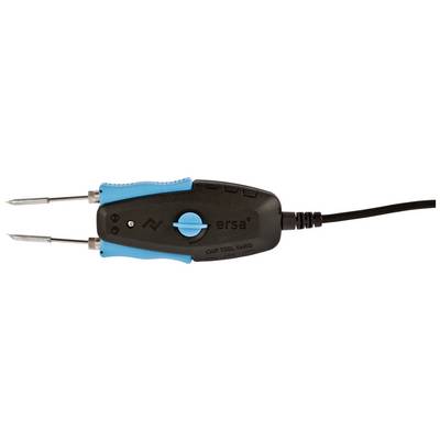 Ein elektrischer Lötkolben mit schwarzem, ergonomischem Griff und blauen Akzenten, zwei Metallspitzen und einem Kabelanschluss.