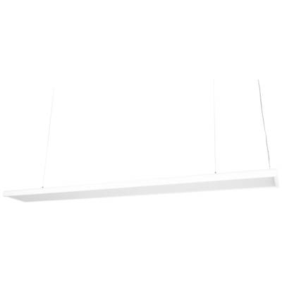 Ein schmaler, rechteckiger, weißer Hängelampe, minimalistisch gestaltet, hängt horizontal an zwei dünnen Kabeln.