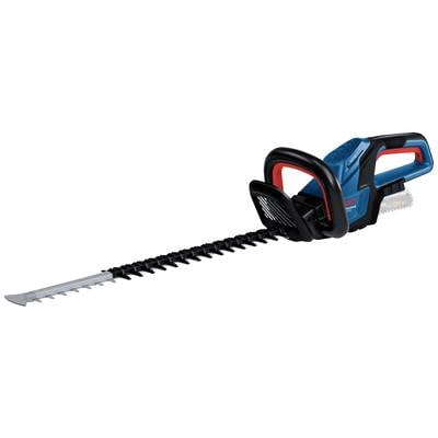Eine blaue und schwarze elektrische Heckenschere mit roten Akzenten, geeignet zum Schneiden von hohen und dichten Hecken.