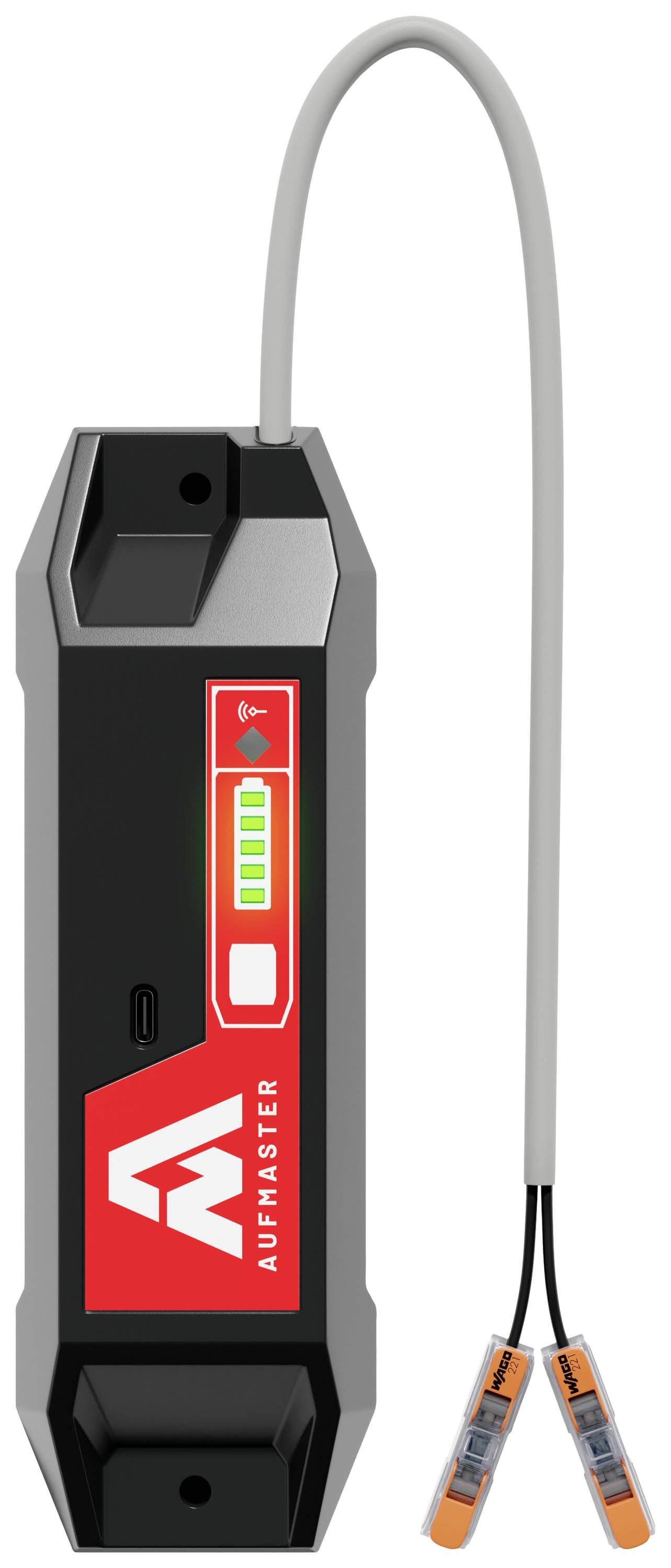 Ein schwarzes Gerät mit rotem Aufkleber und der Aufschrift 'AUFHÄNGER'. Es hat zwei Kabel mit orangefarbenen Steckern.
