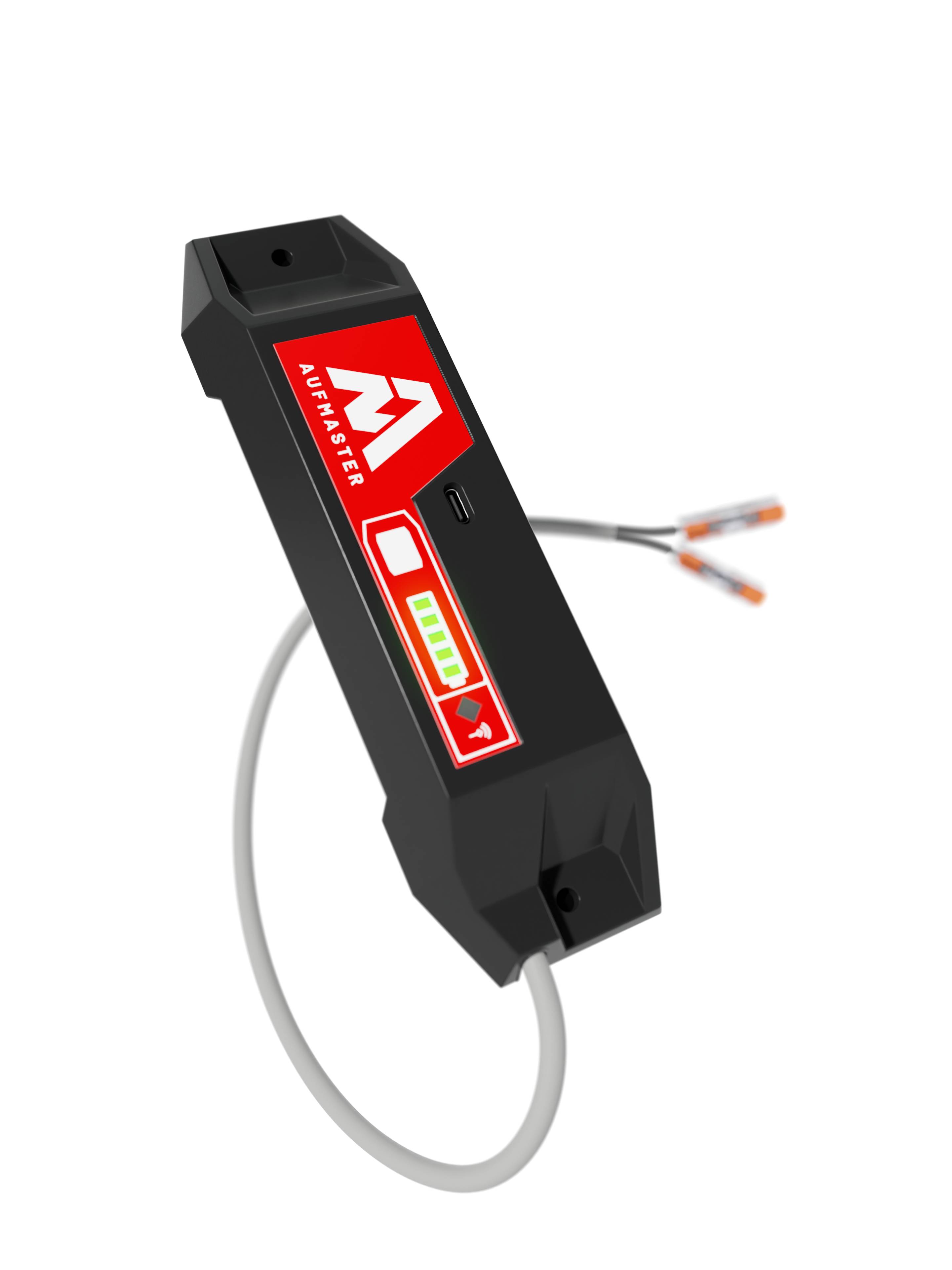 Ein schwarzes Sensorgerät mit rotem Logo und Anzeige zeigt den Batteriestatus. Zwei Kabel ragen heraus.