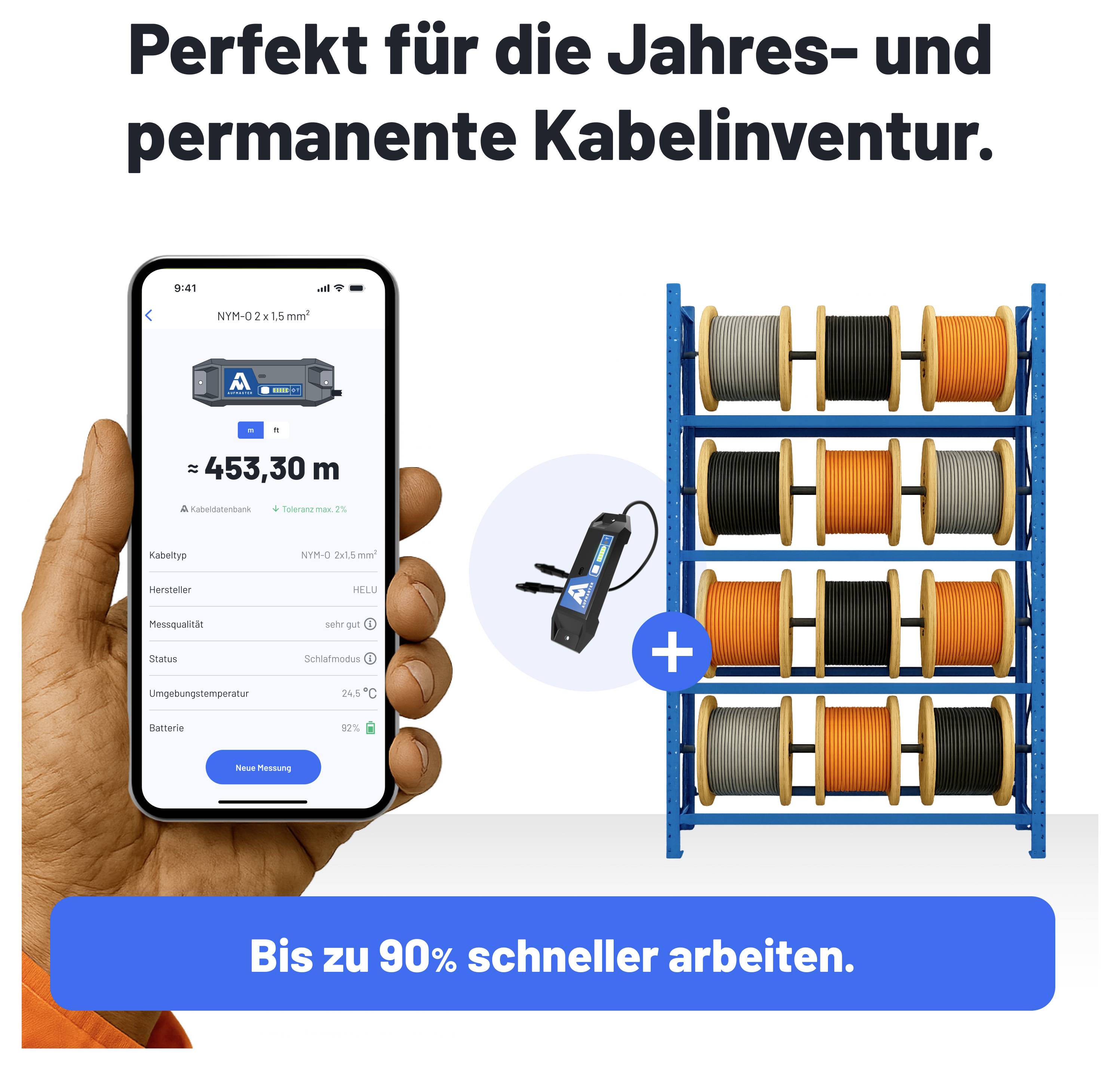 Werbegrafik zur Kabelinventur: Smartphone-App misst Kabelbestand, daneben Messgerät und Kabelregal; Text: 'Perfekt für die Jahres- und permanente Kabelinventur' und 'Bis zu 90% schneller arbeiten.'<br>