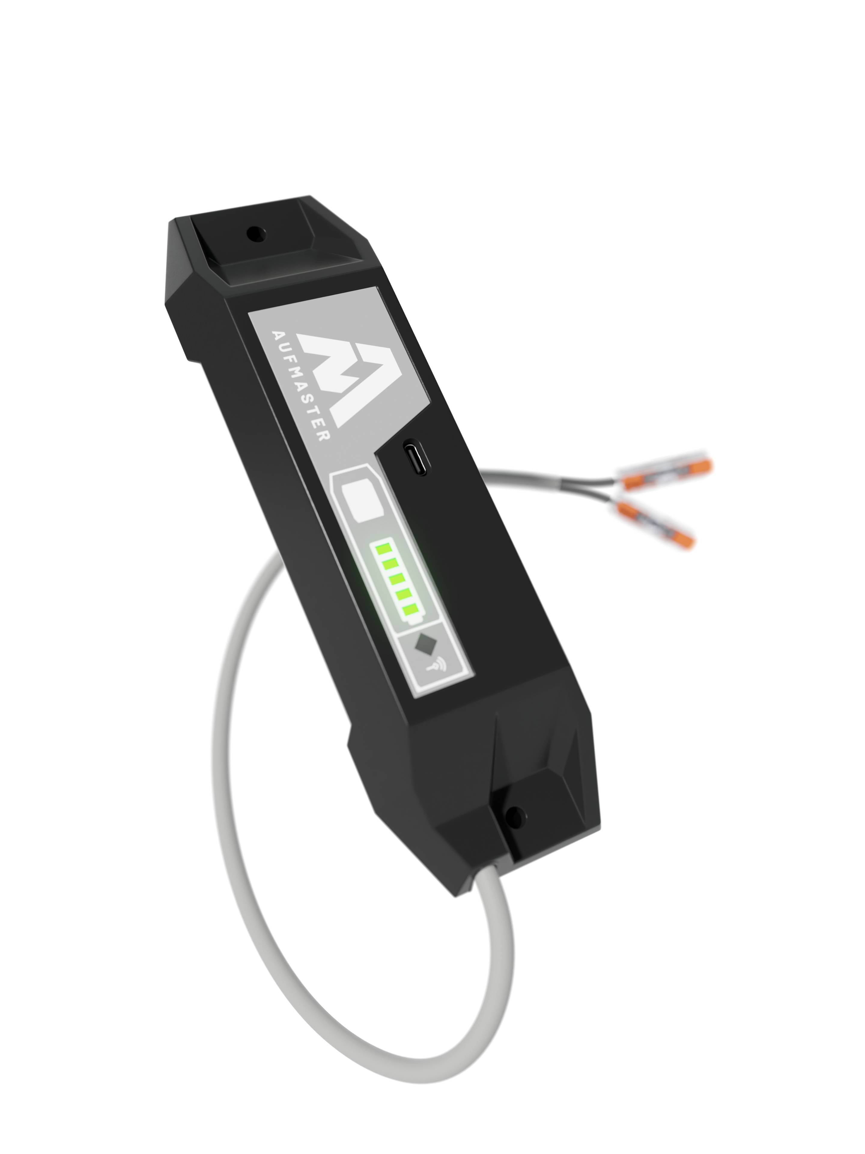 Ein schwarzes, rechteckiges elektronisches Gerät mit LED-Anzeige und Kabeln zeigt den Ladezustand.