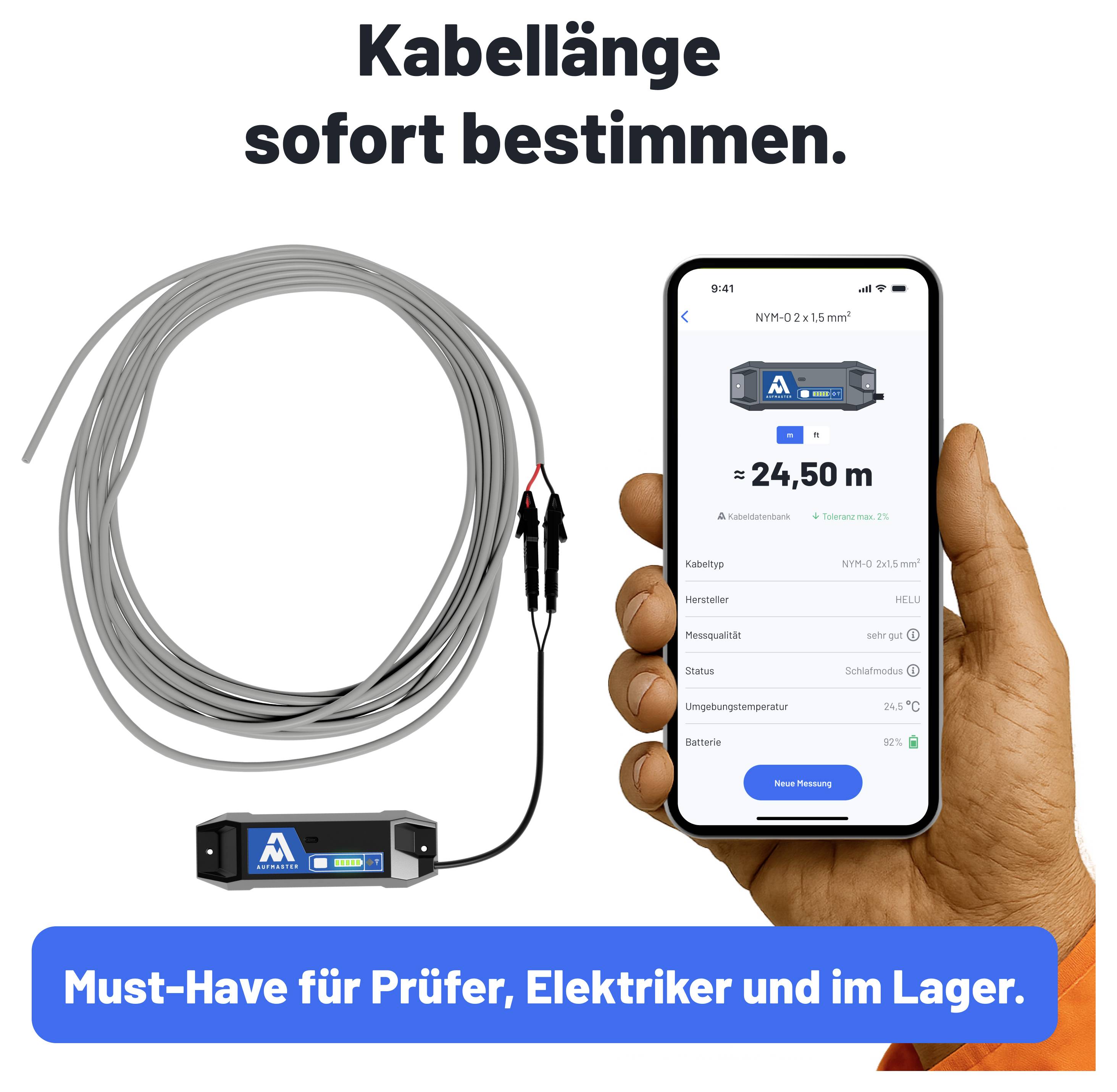 Werbegrafik mit Kabel und Smartphone: Eine App misst sofort die Kabellänge; angezeigt wird '≈ 24,50 m'. Unten steht 'Must-Have für Prüfer, Elektriker und im Lager.'<br>