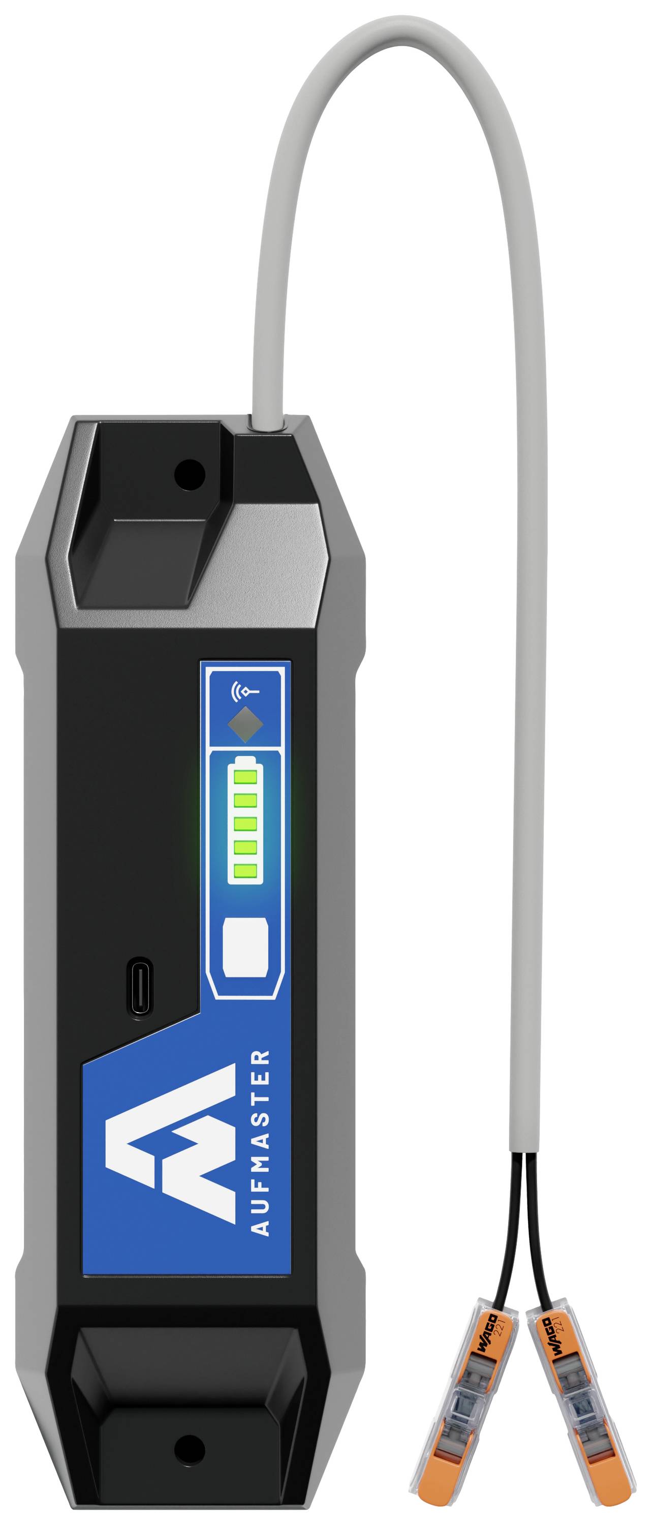 Ein schwarzes elektronisches Gerät mit einem blauen Display zeigt einen Ladebalken. Zwei graue Kabel mit orangefarbenen Enden sind verbunden.