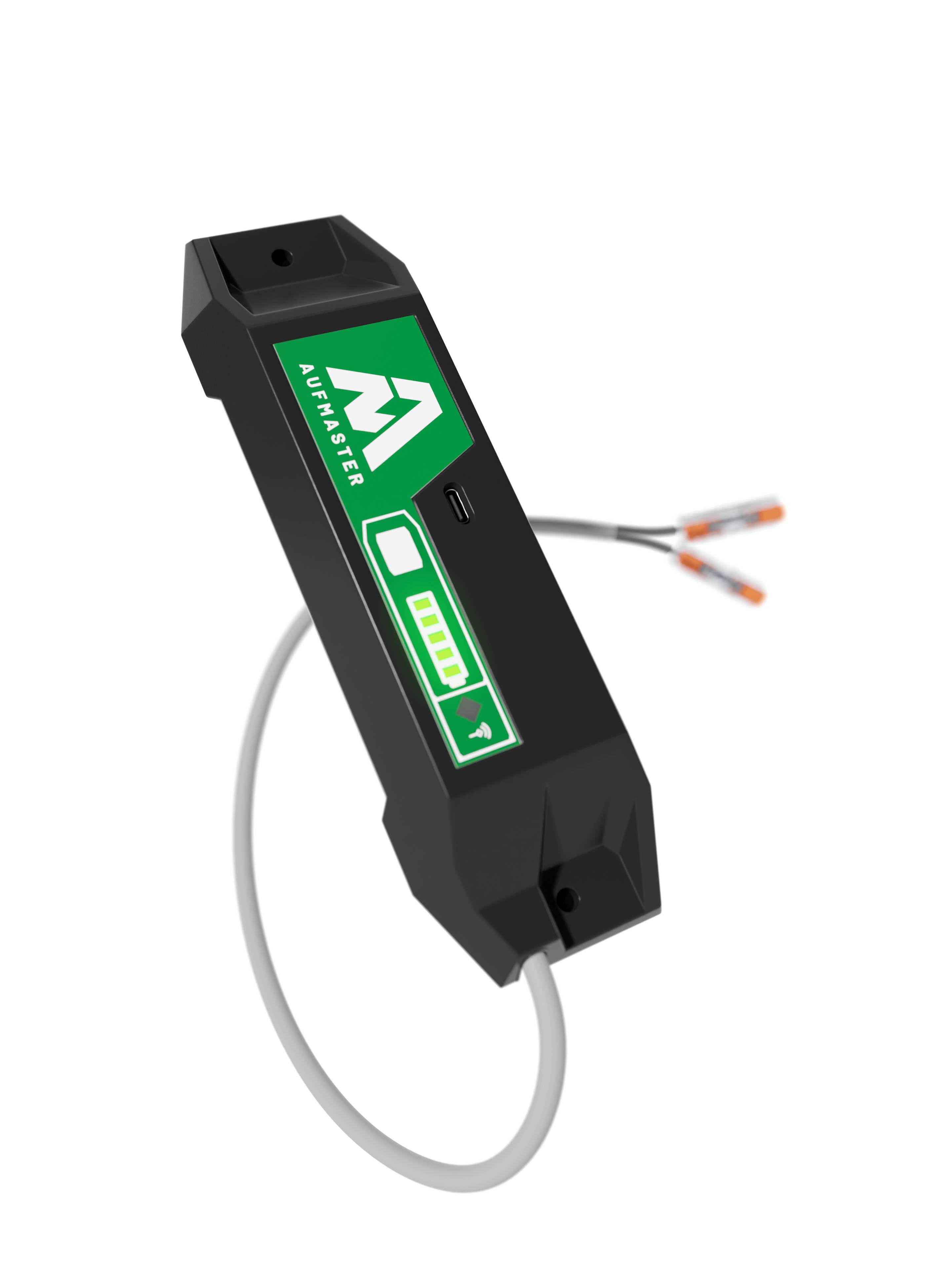Schwarzer, rechteckiger Sensor mit grünem Logo und Batterieanzeige, zwei Kabel ragen heraus.