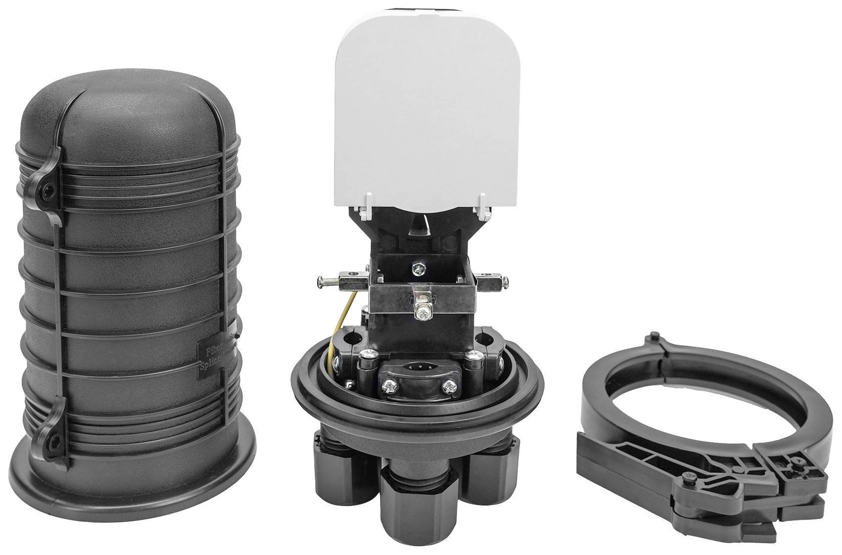 Eine schwarze Kabelverteilungseinheit, geöffnet mit Sicht auf interne Anschlüsse, und ein Verschlussring. Für Glasfaserinstallationen.