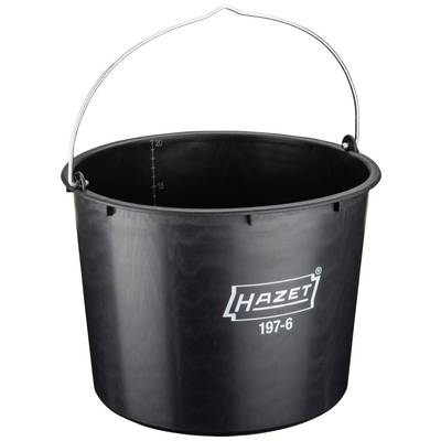 Schwarzer Eimer mit Henkel, Logo 'Hazet 197-6' auf der Vorderseite. Enthält eine Messskala innen.