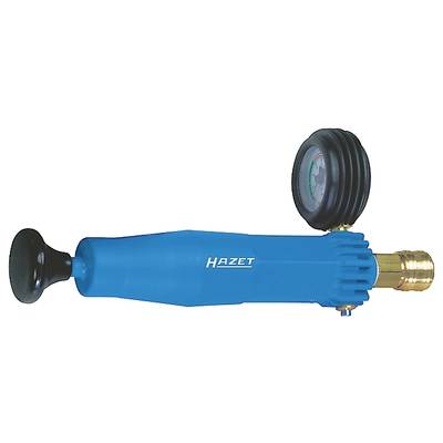 Ein blaues Reifenfüllgerät mit Manometer, schwarze Kappe und Messuhr an der Oberseite, Anschluss für Luftschlauch rechts.
