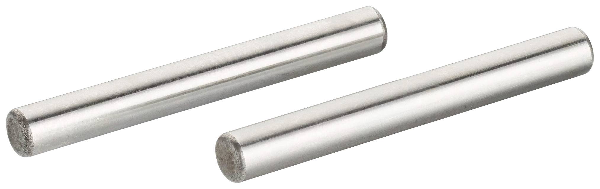 Zwei metallene zylindrische Stifte nebeneinander auf weißem Hintergrund.