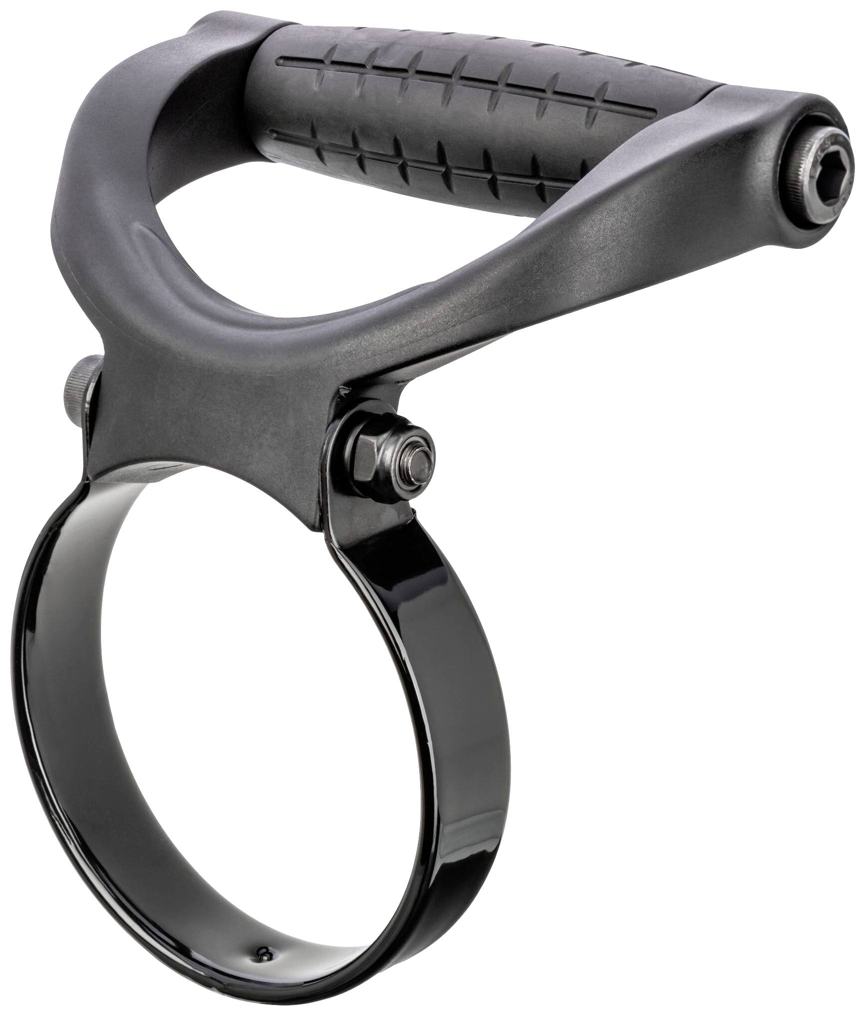 Eine schwarze, robuste, ergonomische Fahrradgriffhalterung mit stabiler Metallklemme und rutschfestem Griff.