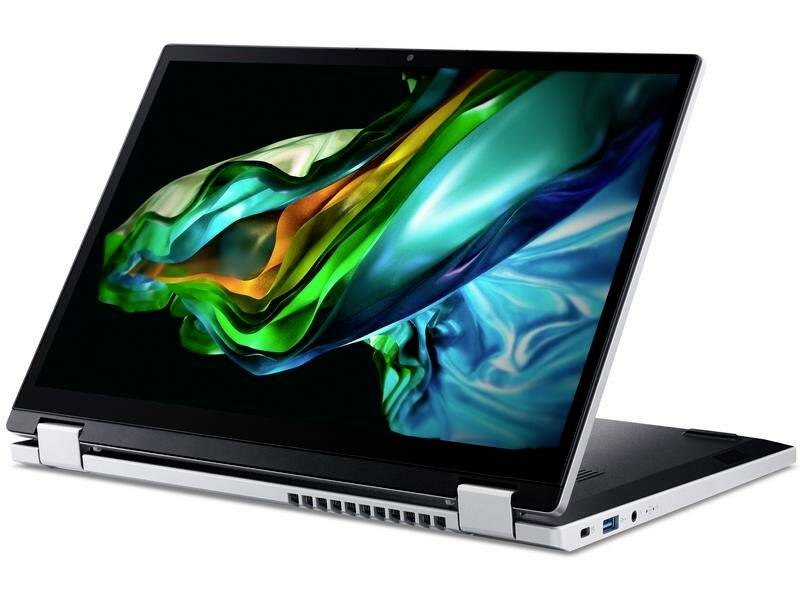 Ein Laptop im Zeltmodus zeigt ein abstraktes Bild mit fließenden, bunten Wellen auf dem Bildschirm.