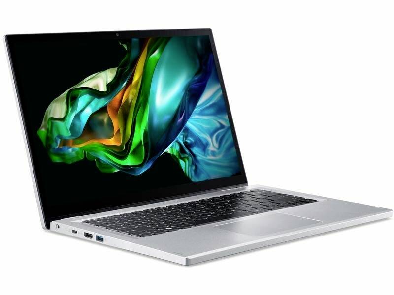 Silberner Laptop mit geöffnetem Bildschirm zeigt buntes abstraktes Muster. Tastatur und Anschlüsse an der Seite sichtbar.