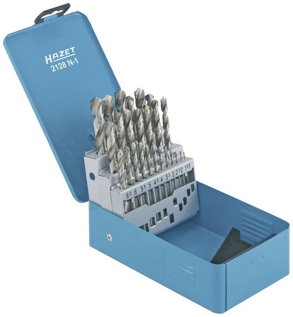 Hazet 2128N-1  HSS Spiralbohrer-Set 25teilig 1 mm, 1.5 mm, 2 mm, 2.5 mm, 3 mm, 3.5 mm, 4 mm, 4.5 mm, 5 mm, 5.5 mm, 6 mm, 6.5 mm, 7 mm, 7.5 mm, 8 mm, 8.5 mm, 9 mm, 9.5 mm, 10 mm, 10.5 mm, 11 mm, 11.5 mm, 12 mm, 12.5 mm, 13 mm   DIN 338  1 Set