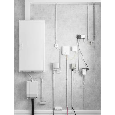 Elektroinstallationen an einer grauen Wand, einschließlich eines großen weißen Schaltschrankes und diverser Verteilerkästen mit angeschlossenen Kabeln.