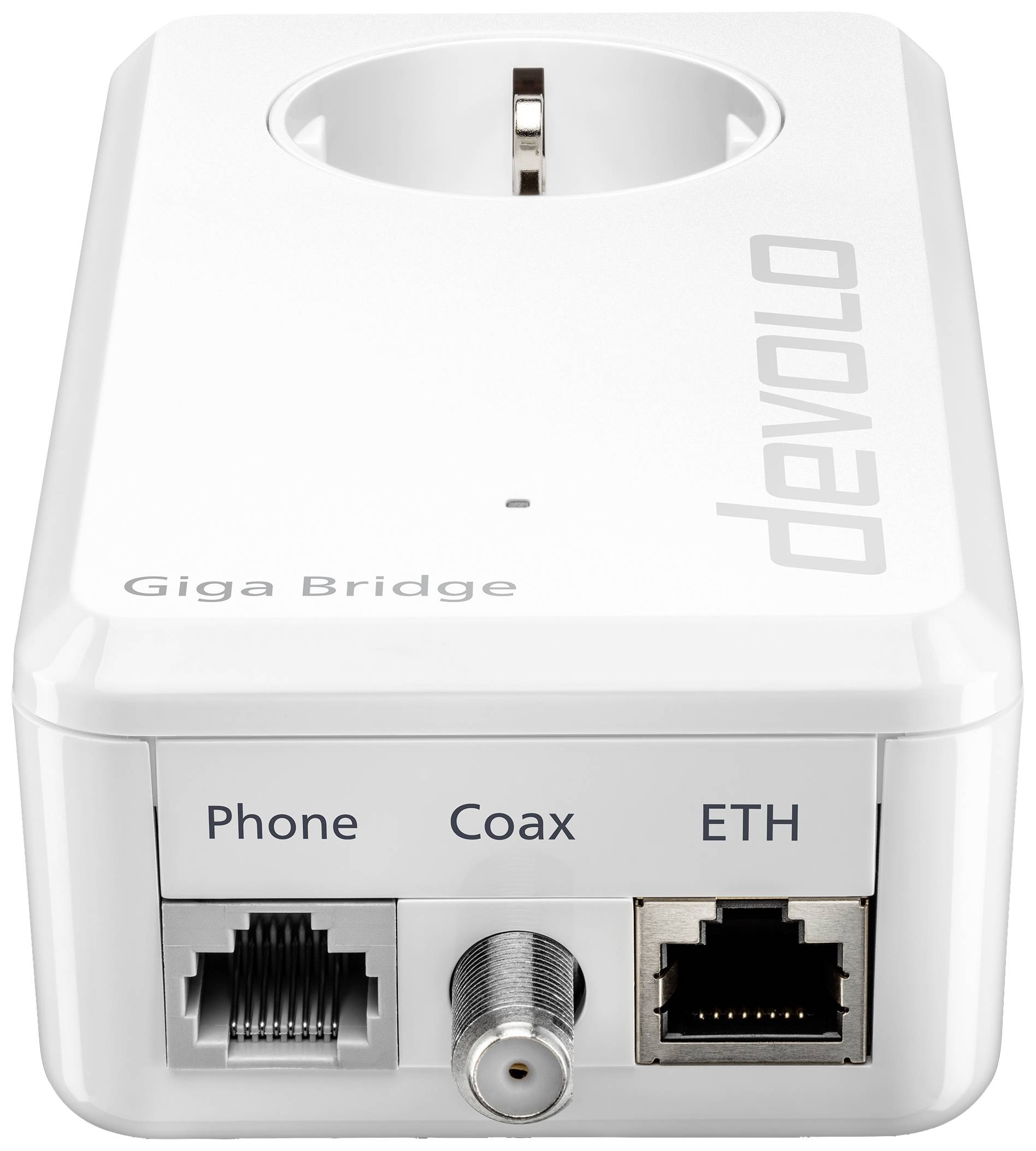 'Devolo Giga Bridge'-Gerät mit Anschlüssen für Telefon, Koaxialkabel und Ethernet, zur Netzwerkverbindung in Steckdosenform.