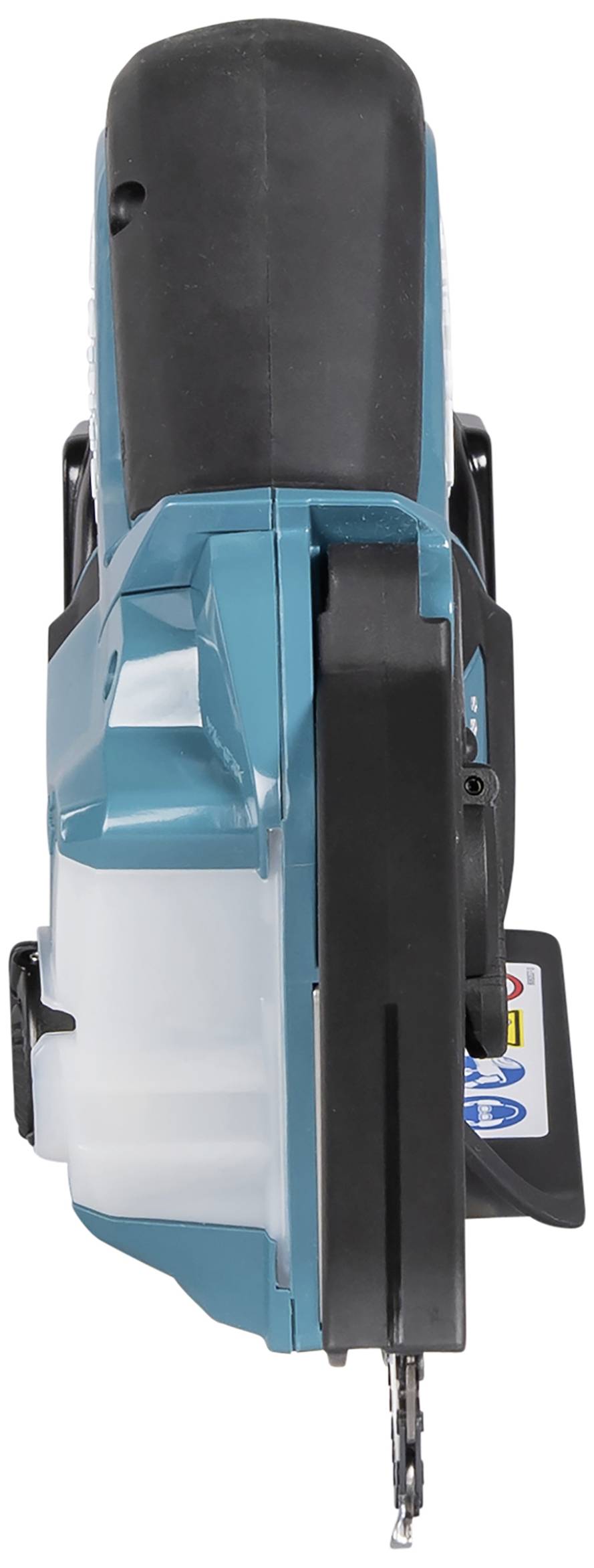 Eine kabellose Handkreissäge in Blau und Schwarz mit sichtbarem Sägeblatt, geeignet für präzise Holzschnitte.