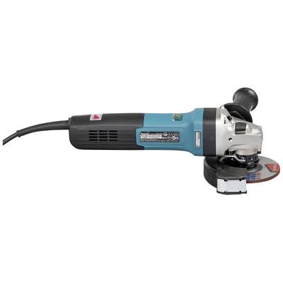 Eine blaue Winkelschleifmaschine mit einem schwarzen Griff und einem silbernen Gehäuse ist seitlich dargestellt.