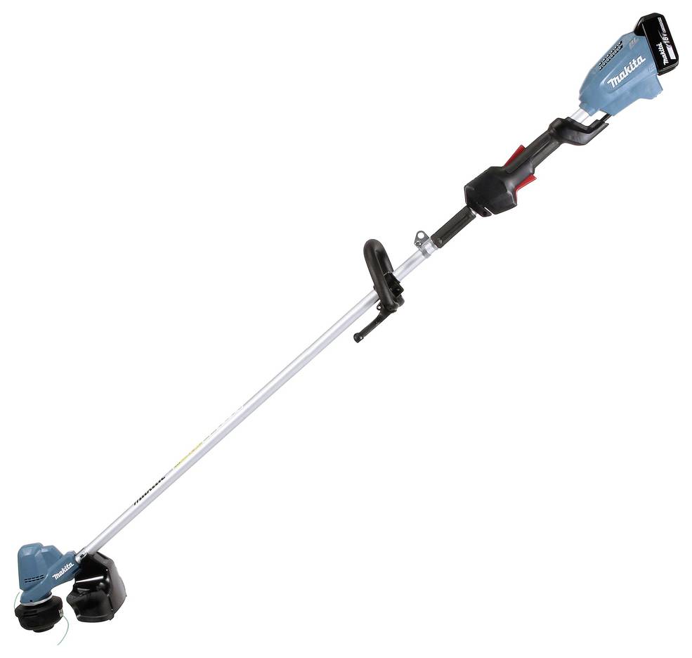 Kabelloses Rasentrimmer-Set in Blau und Schwarz mit verstellbarem Griff und Schutzvorrichtung, geeignet für die Rasenpflege.