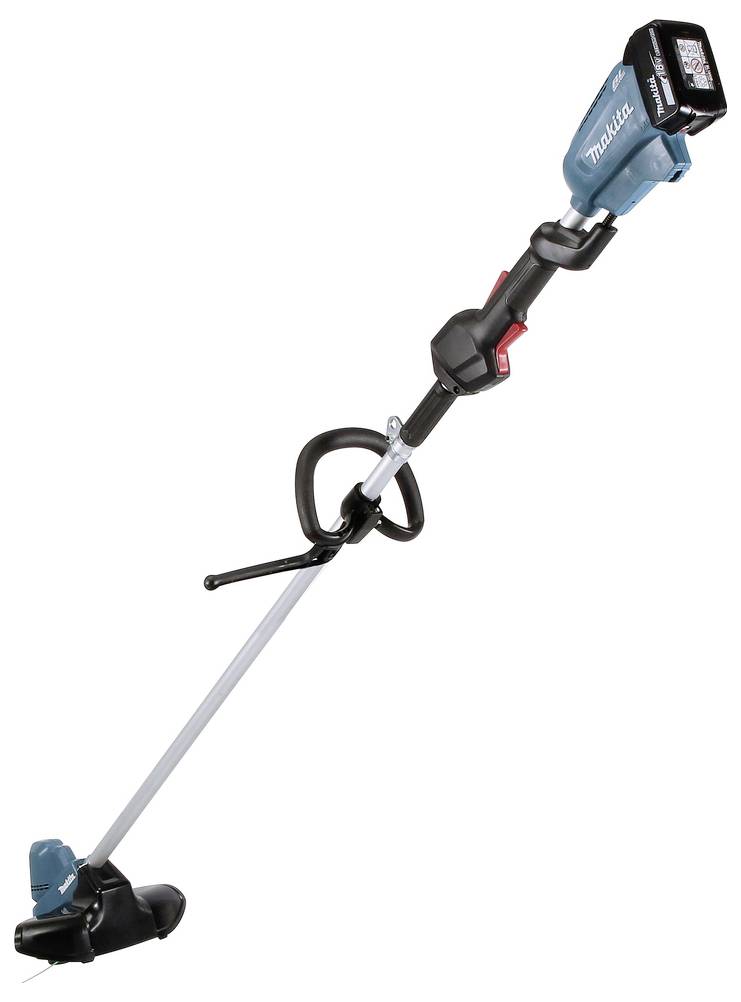 Ein blauer und schwarzer elektronischer Fadentrimmer mit doppeltem Griff und Batteriepack oben, konzipiert zum Trimmen von Gras und Unkraut.