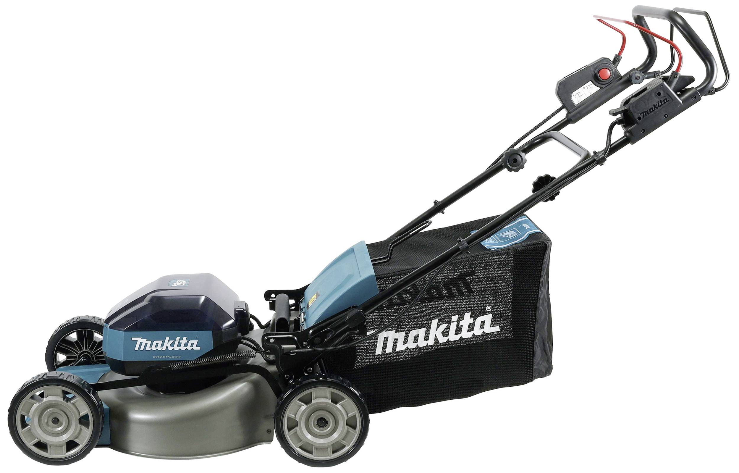 Ein blauer und schwarzer Rasenmäher der Marke Makita mit Grasfangkorb und höhenverstellbarem Griff für das Rasenmähen.