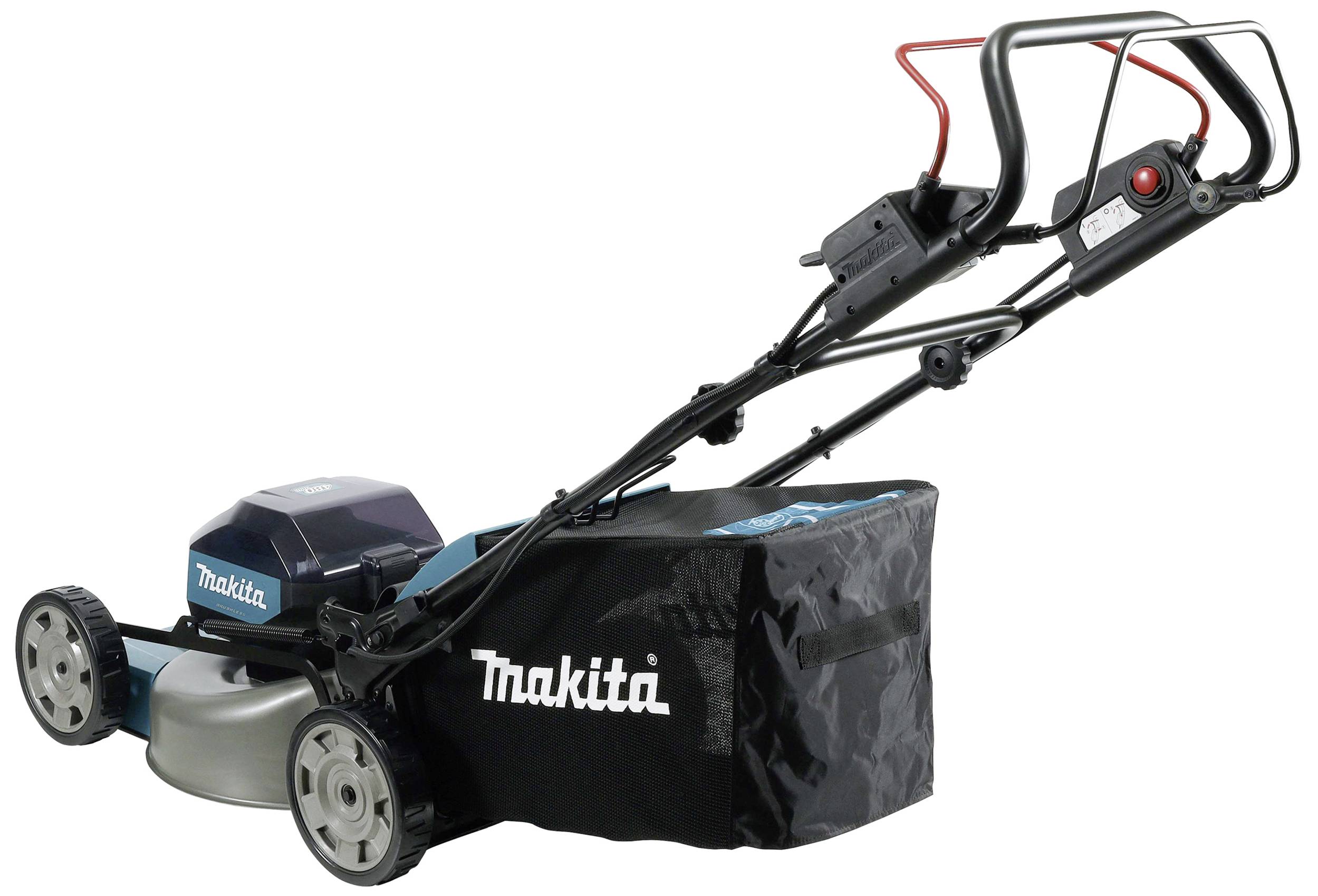 Rasenmäher von Makita in seitlicher Ansicht. Elektrischer Antrieb mit Fangkorb, Handgriff und robusten Rädern.