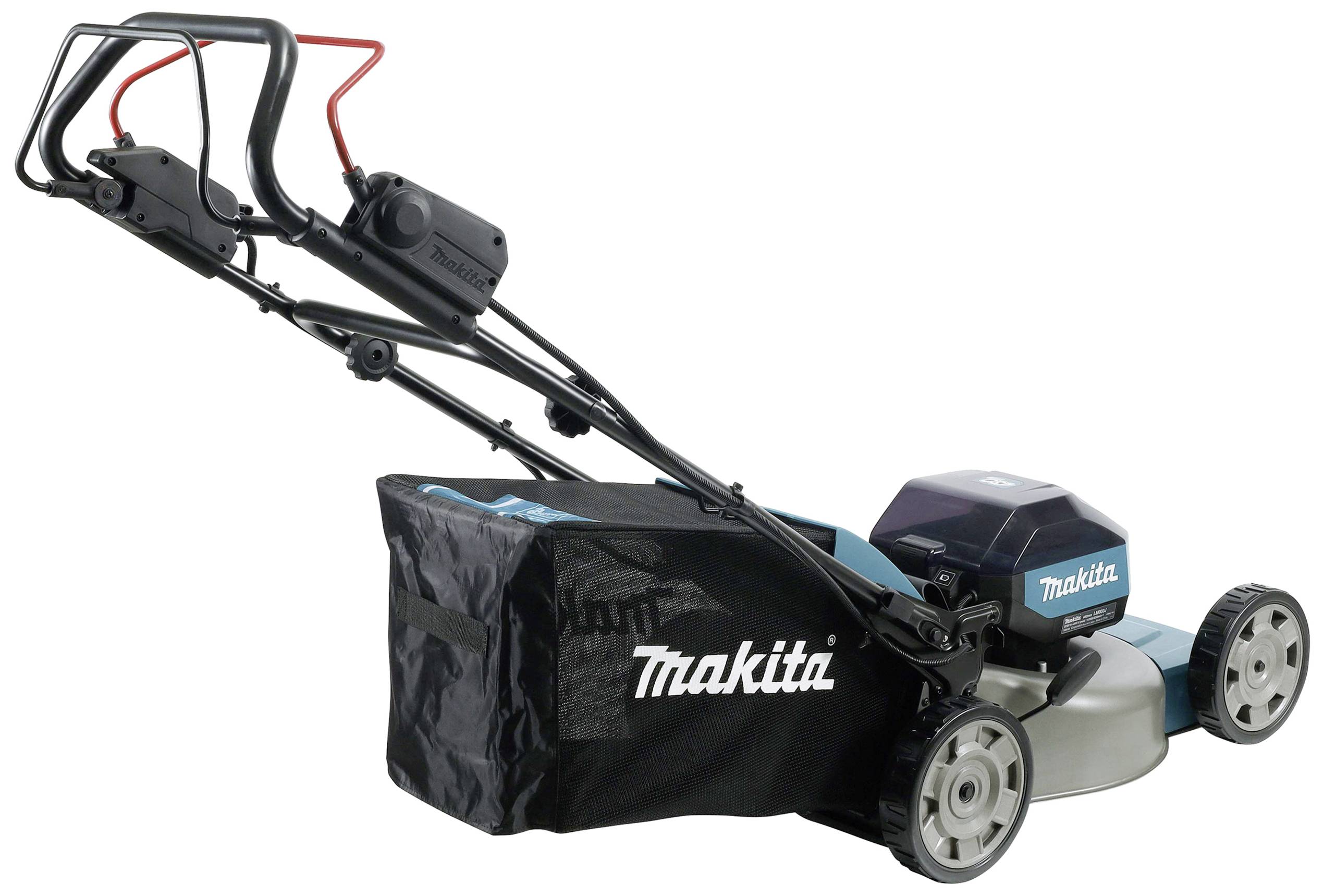 Ein schwarzer, batteriebetriebener Rasenmäher von Makita, mit einem Grasfangkorb und einem ergonomischen Griff, auf weißem Hintergrund.