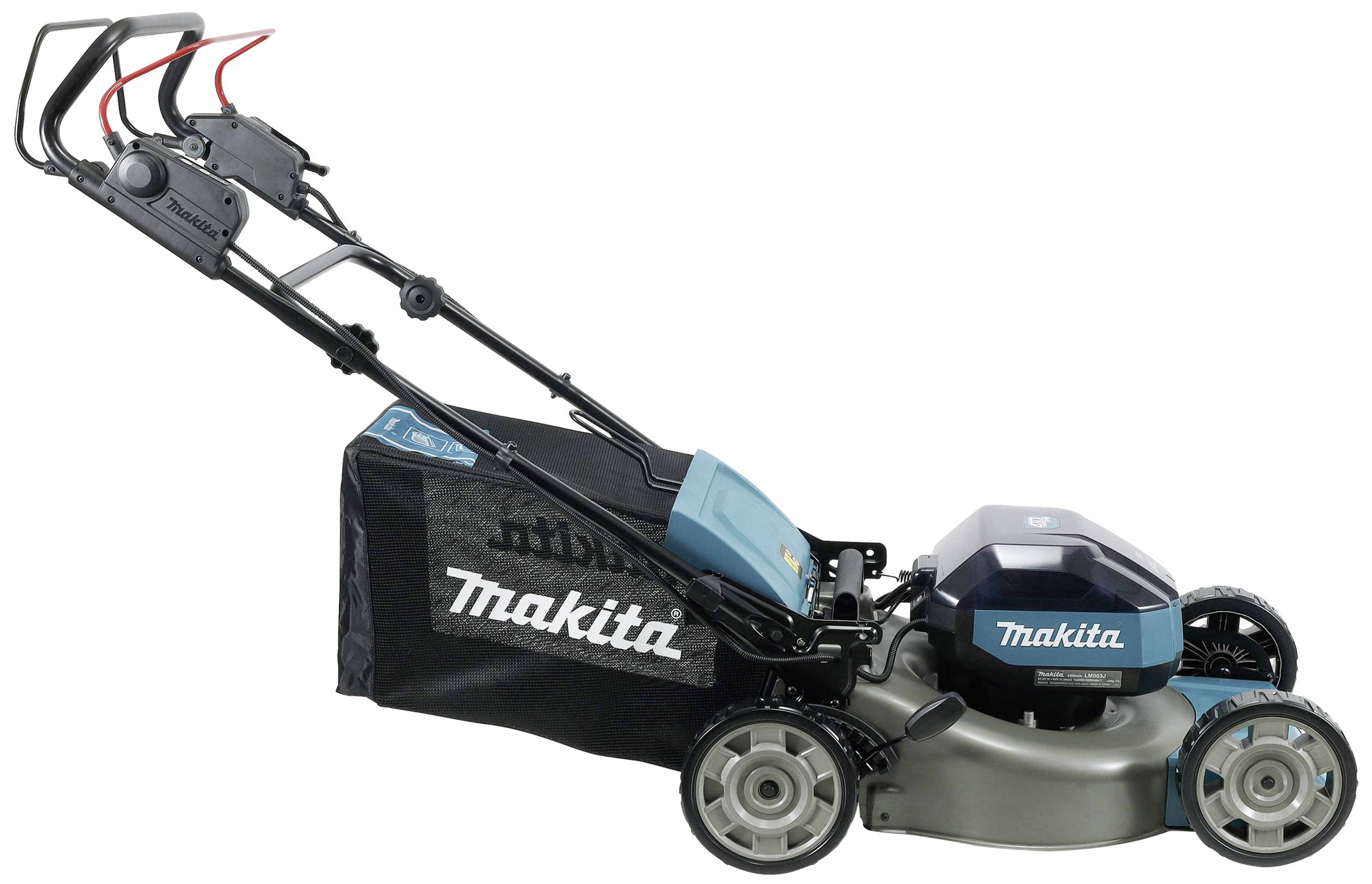 Elektrischer Rasenmäher der Marke Makita mit Fangkorb und verstellbarem Griff.