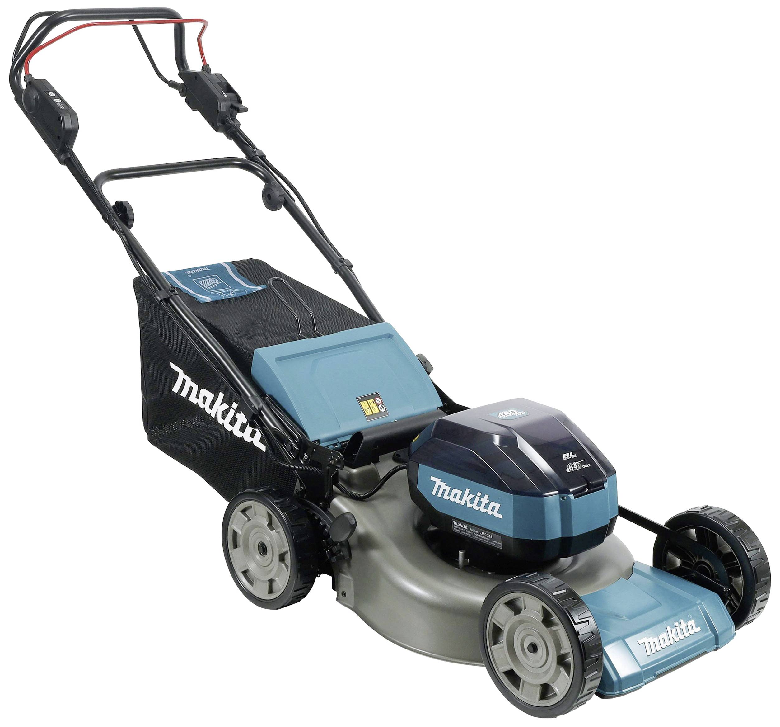 Ein blauer Makita-Rasenmäher mit zwei großen Rädern im Vordergrund und einem Fangkorb im Hintergrund.