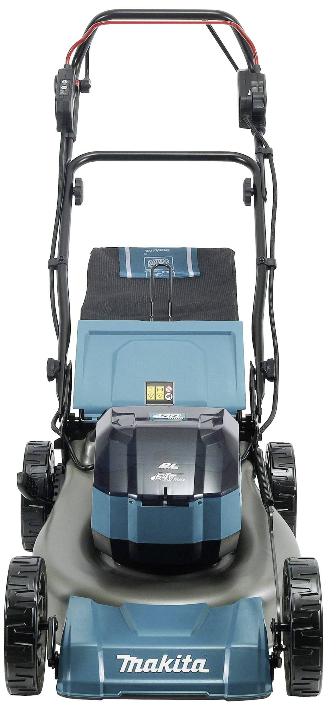 Ein elektrischer Rasenmäher von Makita, blau und schwarz, mit großer Grasfangbox und stabilen Rädern. Ideal für mittelgroße Gärten.