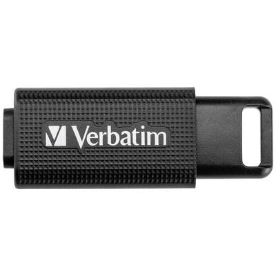 Ein schwarzer USB-Stick mit der Aufschrift 'Verbatim' in weißer Schrift, rechteckige Form, strukturierte Oberfläche.