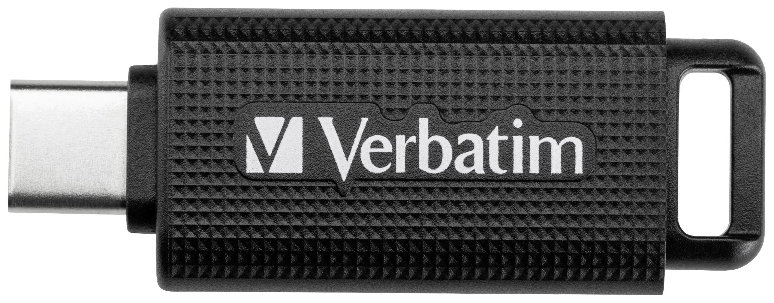 USB-Stick von Verbatim mit USB-C-Anschluss. Schwarz, mit geprägtem Logo. Geeignet für Datenspeicherung und Übertragung.