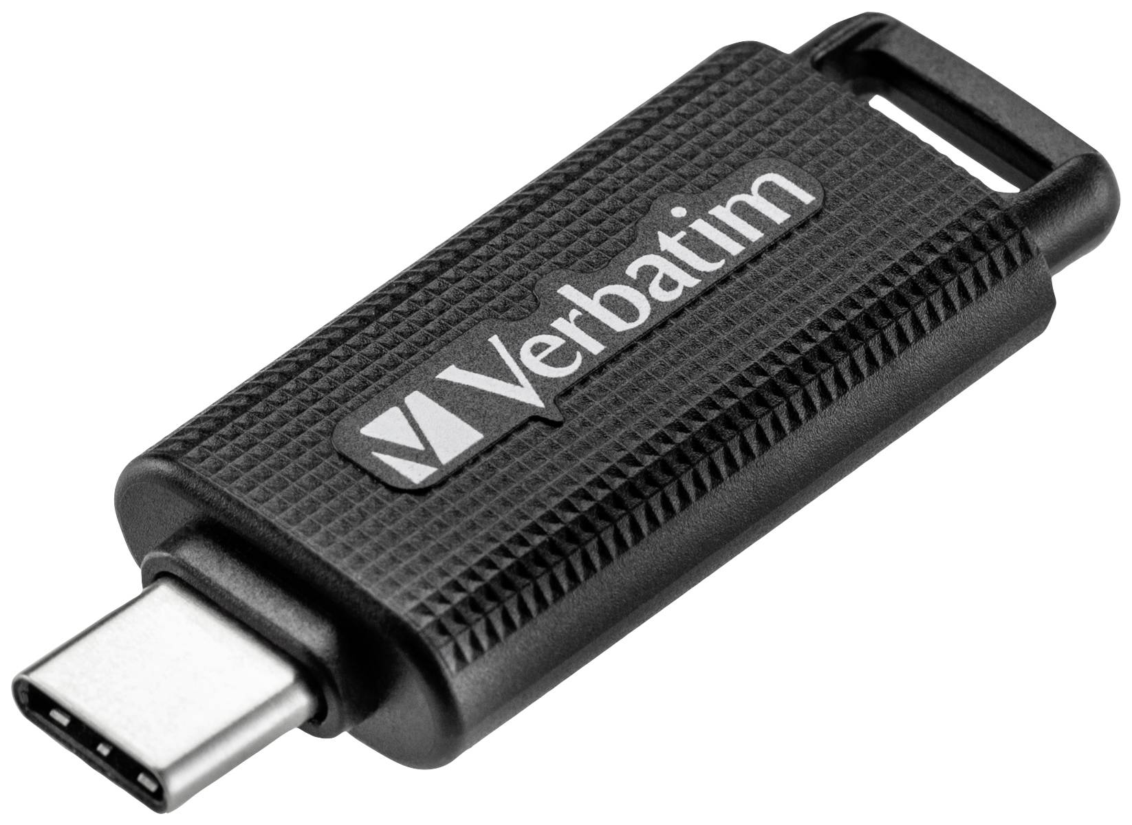 Ein schwarzer USB-C-Stick mit 'Verbatim'-Logo, kompakt und tragbar, wird für Datenspeicherung und -übertragung verwendet.
