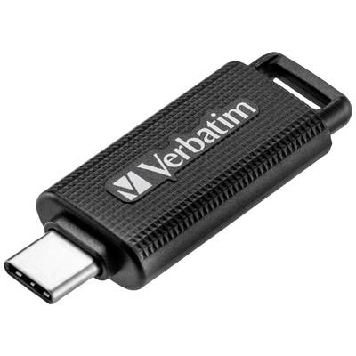 Ein schwarzer USB-C-Stick mit 'Verbatim'-Logo, kompakt und tragbar, wird für Datenspeicherung und -übertragung verwendet.