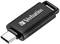 USB-Stick von Verbatim mit USB-C-Anschluss, schwarzes Gehäuse mit strukturiertem Design, liegt auf einer weißen Oberfläche.